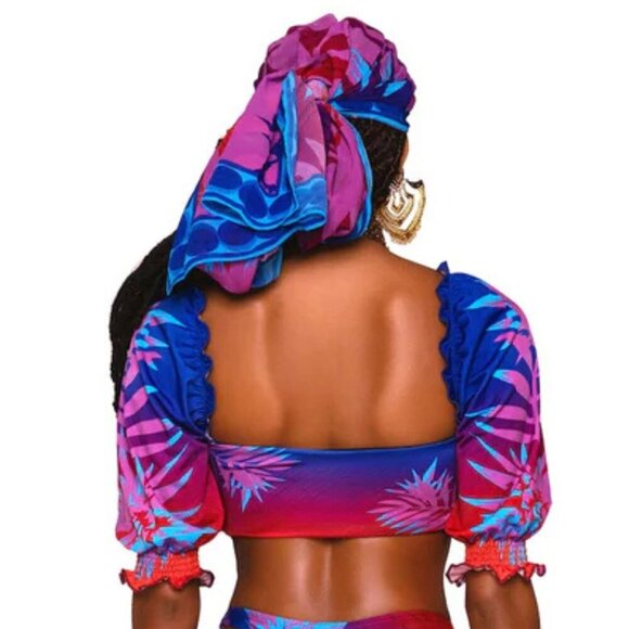 New! BFyne Red Blue Tropical Print Puff Sleeve Bikini Swim Top 10583 - Picture 2 of 8